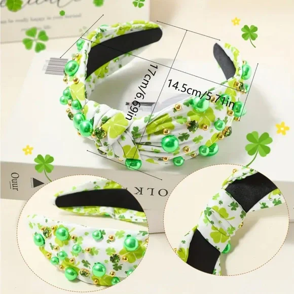 Green & Gold Beaded Light Green Shamrock Headband - Picture 5 of 5